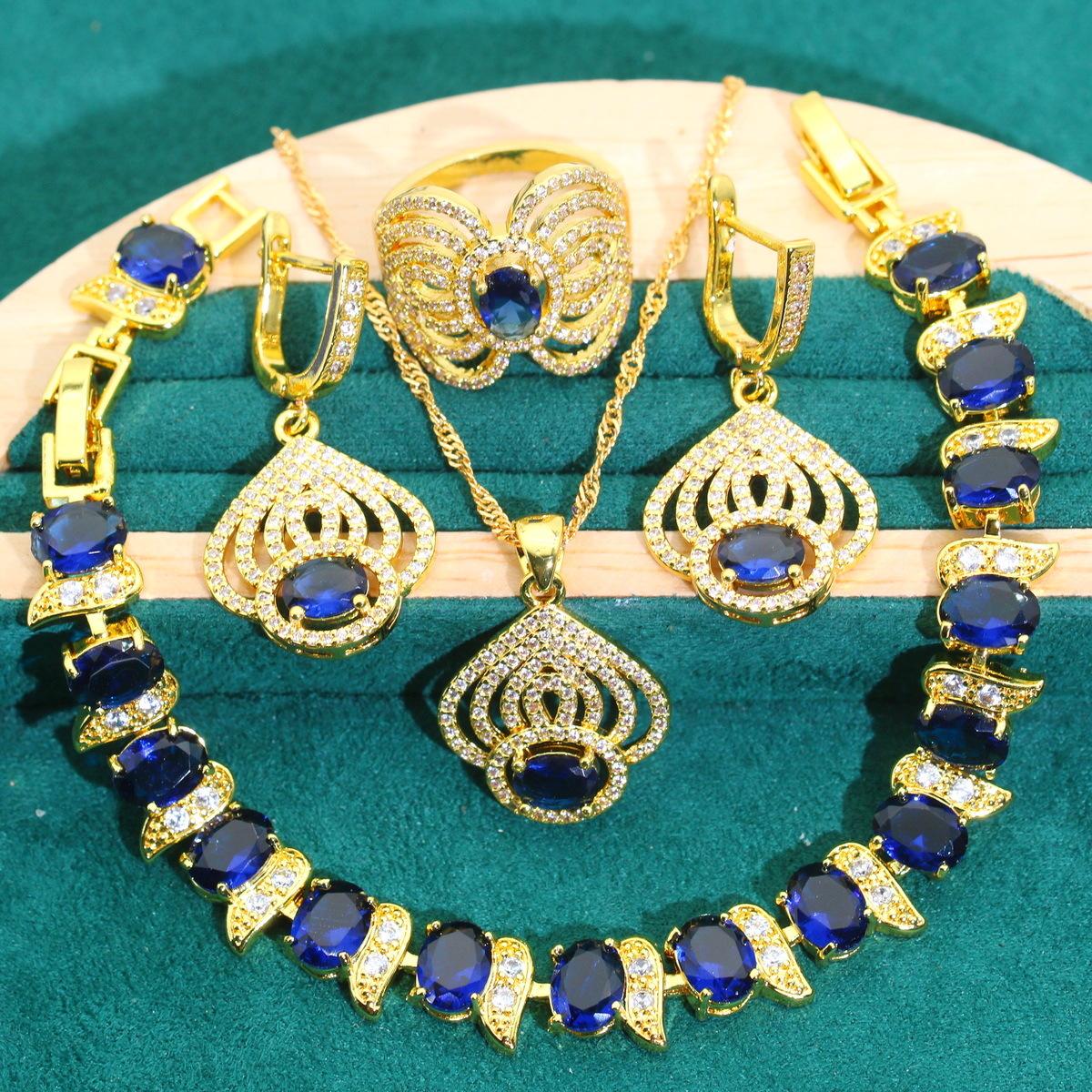 

Европейская и североамериканская мода Классика Цирконий Ожерелье Серьги Браслет Кольцо Комплект Изумруд 10 yards