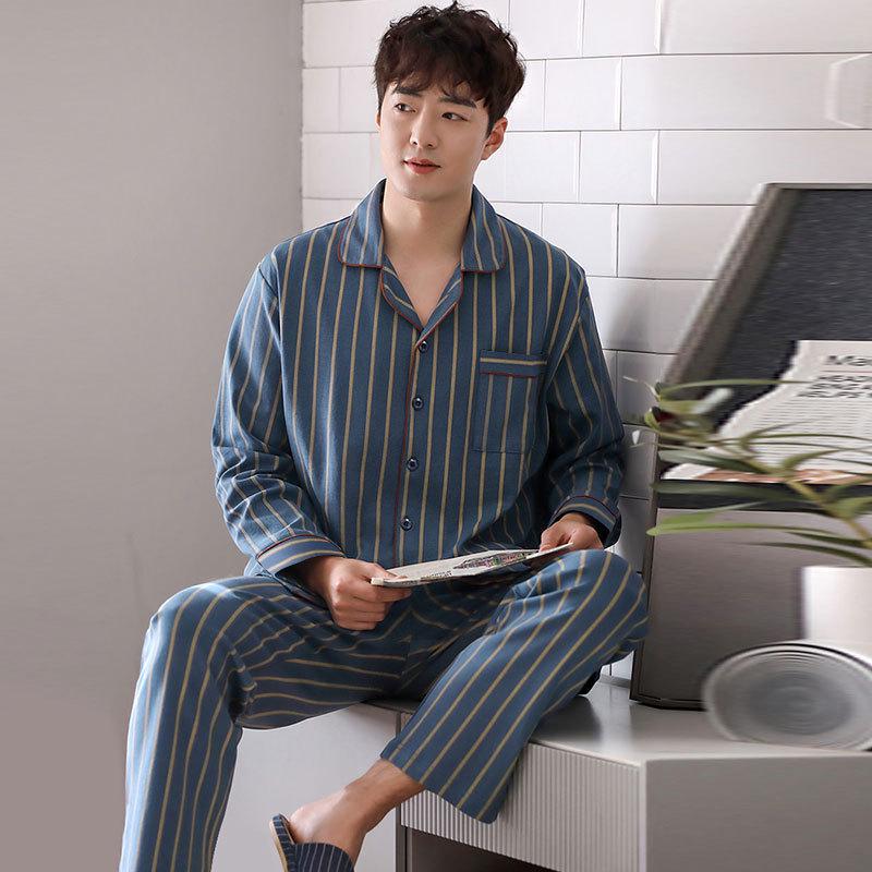Men's Casual Long Sleeve Cardigan Pajama Set - Spring/Autumn, Plus Size, Youth to Middle-Aged
