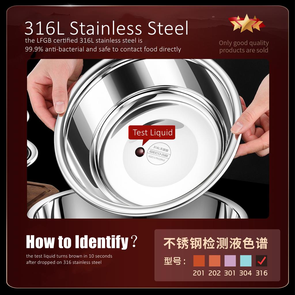 LFGB Certified 316L Stainless Steel Kitchen Basin Ultra Thicken Seafood Container Well Polished Directly Heating Deepened Plates