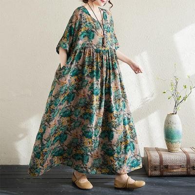 Short Sleeve Plus Size Cotton Vintage Floral New In Dresses for Women Casual Loose Long Summer Dress