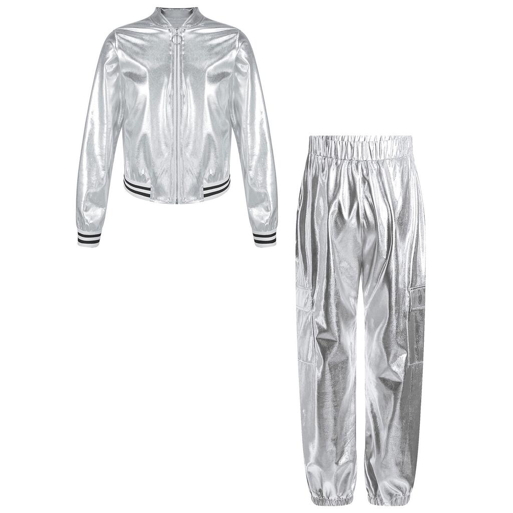 Mädchen Metallic Tanzjacken Set Langarm Stehkragen Reißverschluss Detail Hip Hop Jazz Performance Hose