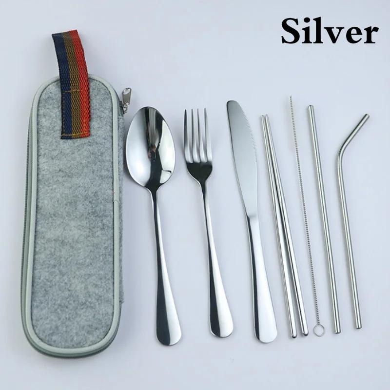 Dinnerware Travel Camping Cutlery Set Reusable Straw Spoon Fork Chopsticks Portable Case Multicolor Kitchen Tableware Tools