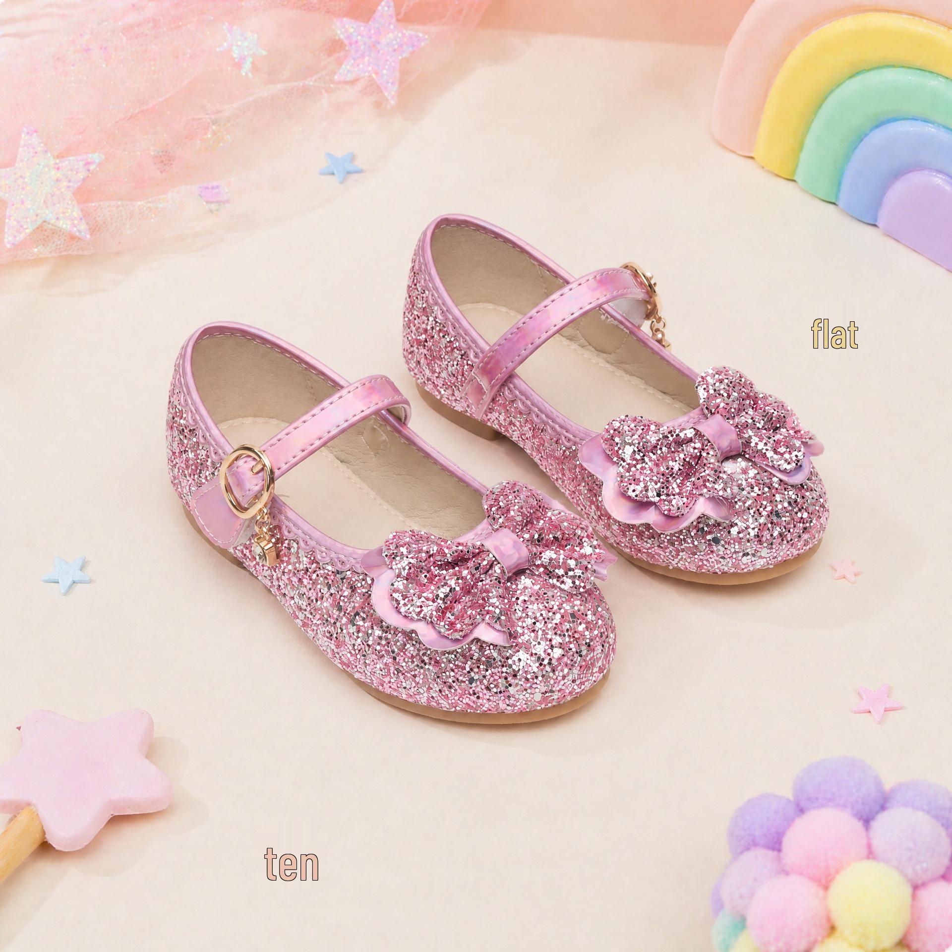 Girls Sequin Bow Princess Shoes with Non-slip Soft Soles 35 розовый