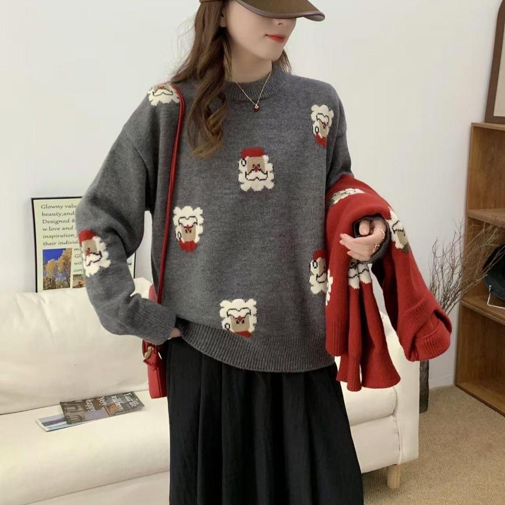 Women's Red Christmas Loose Knit Pullover Sweater - Autumn/Winter Korean Style, Round Neck