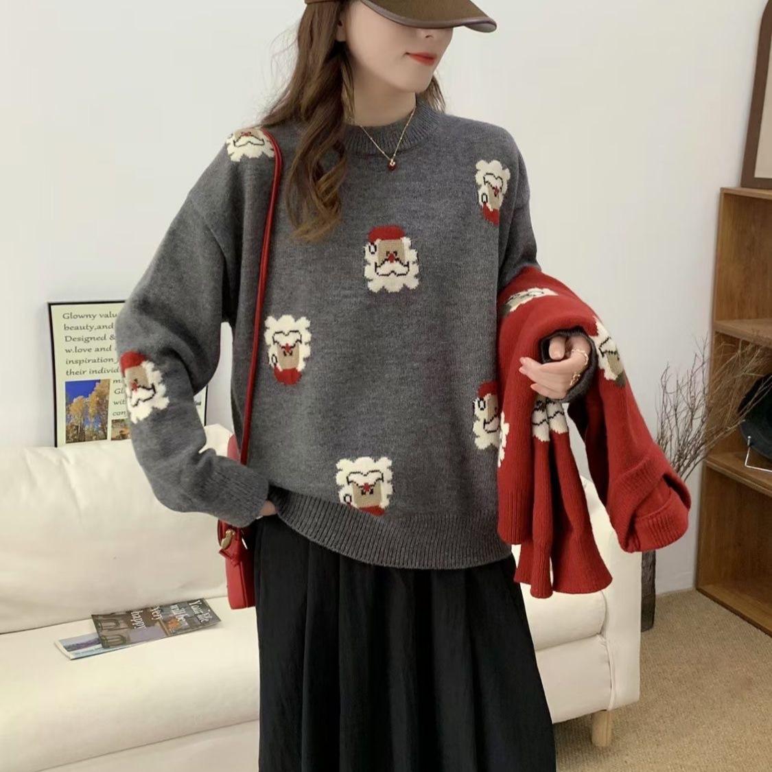 

Женский красный рождественский пуловер крупной вязки - Осень/Зима, корейский стиль, круглый вырез One Size серый