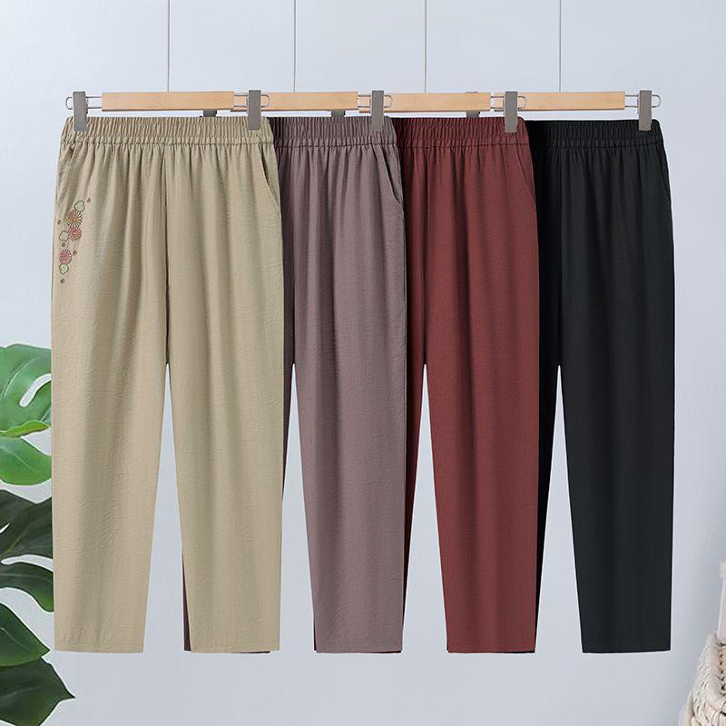 2026 Summer New Mother's Wear: Elastic Waist Casual Nine-Point Straight-Leg Cropped Pants for Elegant Middle-Aged and Elderly Women.
