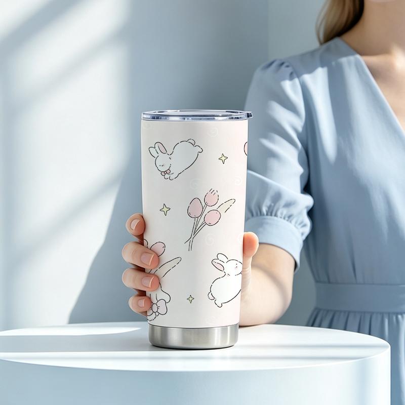 591ml Car Tumbler(1 Random Straw Included)Tulip Bow Bunny MotifOutdoor Portable Cup Commuter Cup Vacuum Insulated Cup 591ml Car Tumbler