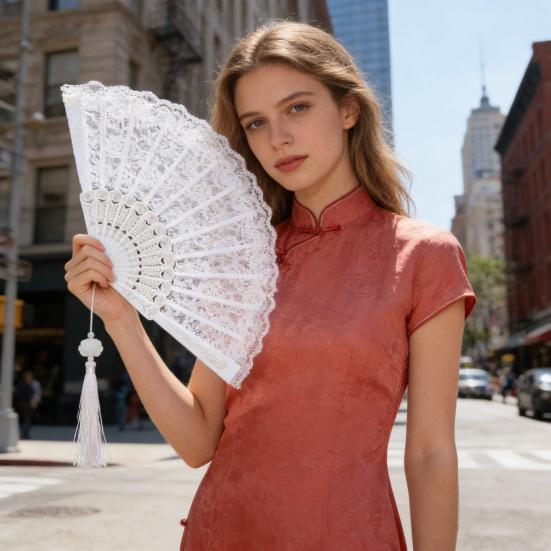 Retro Style Fan Wing Chun Dance Fan 45cm Unfolding Width Fan with Weighted Tassels Stable Rotation Stage Performance Fan