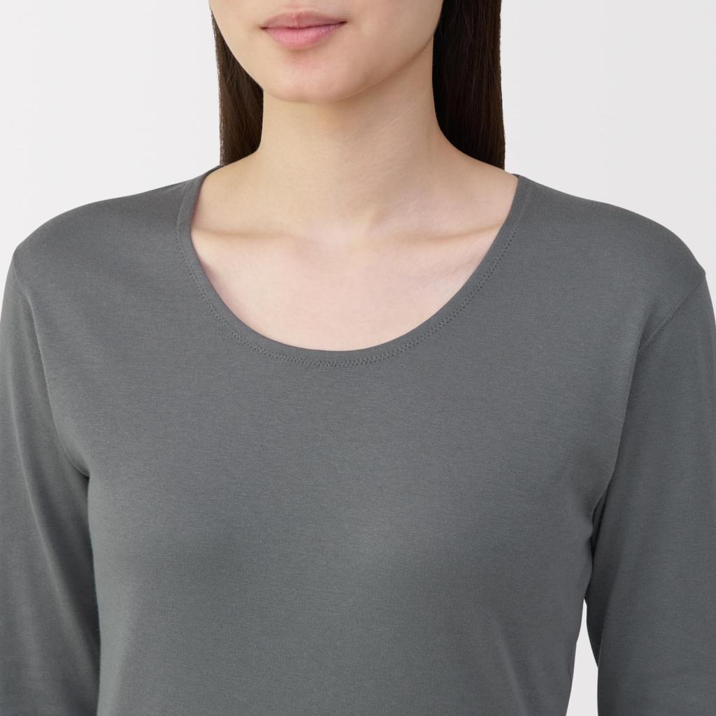 MUJI Warm Cotton Thick Sleeve FCD16A5A Medium Gray M Women's U-Neck 3/4 T-Shirt Women's