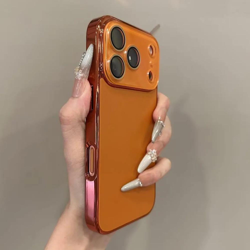 

Plating Tempered Glass Lens Protect Case iPhone Air 17 16 15 14 13 12 11 Pro Max Plus 17Pro Solid Color Shockproof Glossy Cover iPhone 15 Pro Max помаранчевий