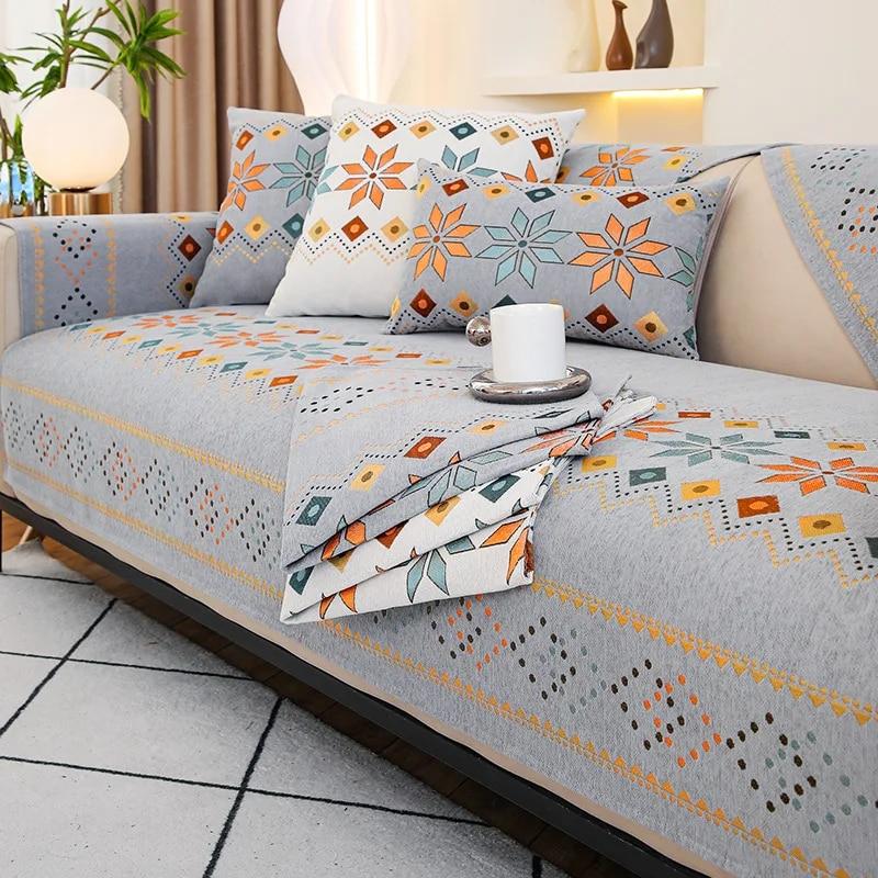 Bedruckter Sofabezug, Chenille, gewaschenes Sticken, Wohnzimmer-Sofa-Rückenkissen, rutschfest, einfache Möbel, staubdicht, vollständiger Bezugsstoff