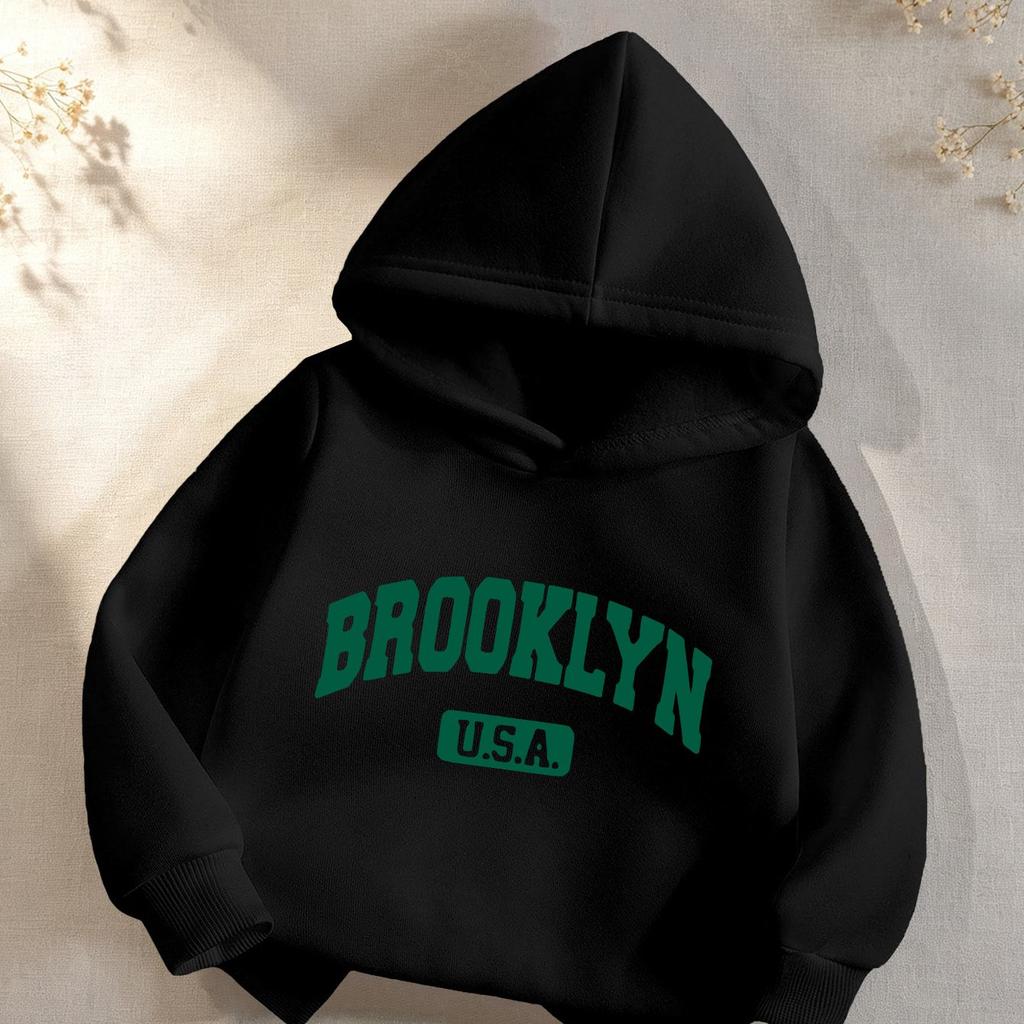 Warmer Kapuzenpullover für Jungen mit Fleece-Futter – „BROOKLYN USA“ Letter-Print – Lässiges Sport-Sweatshirt für Herbst/Winter
