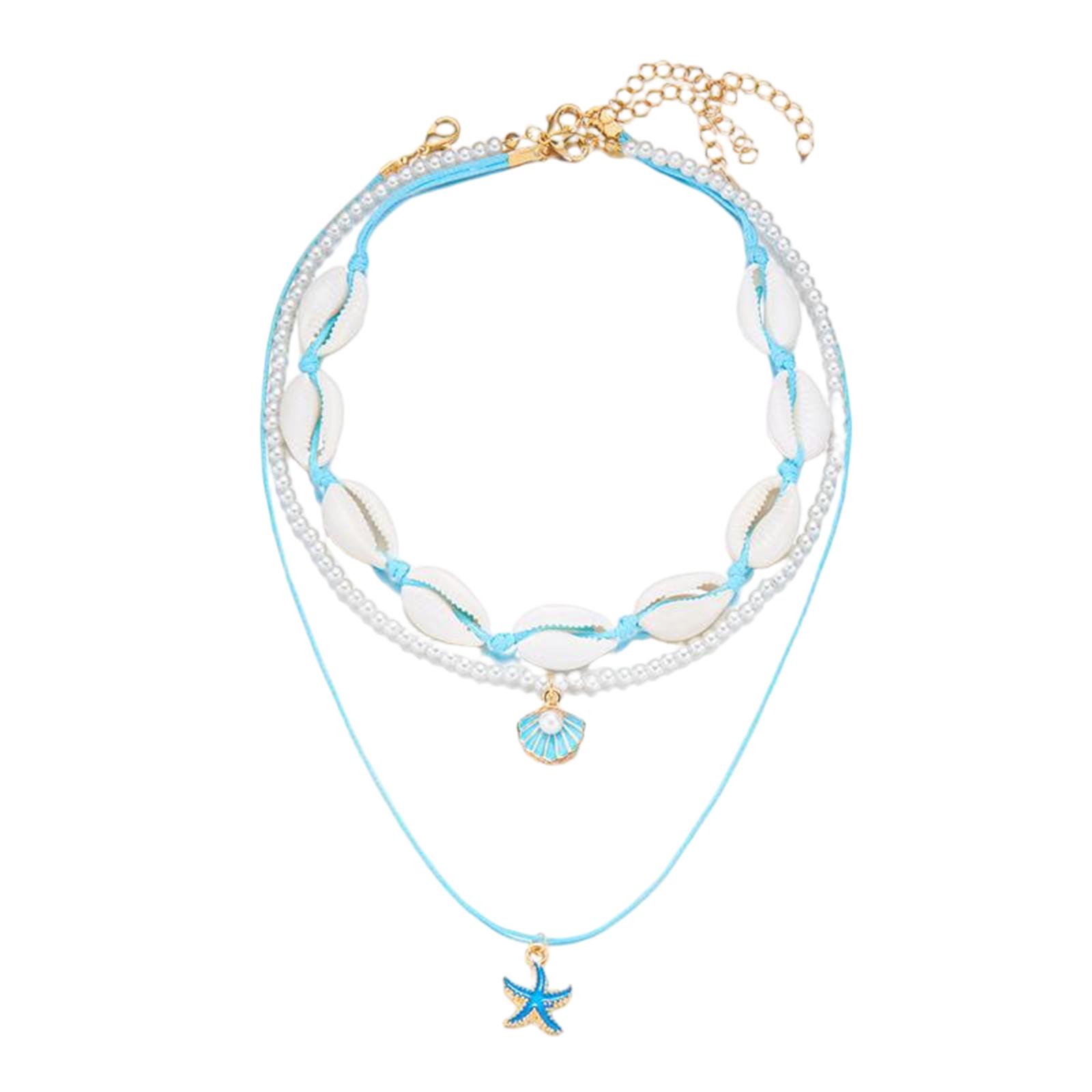 

Beach Choker Necklace Set for Women Boho Layered Beaded Adjustable Conch Nacklace Imitaion Pearl Rice Beads Necklace one size синий