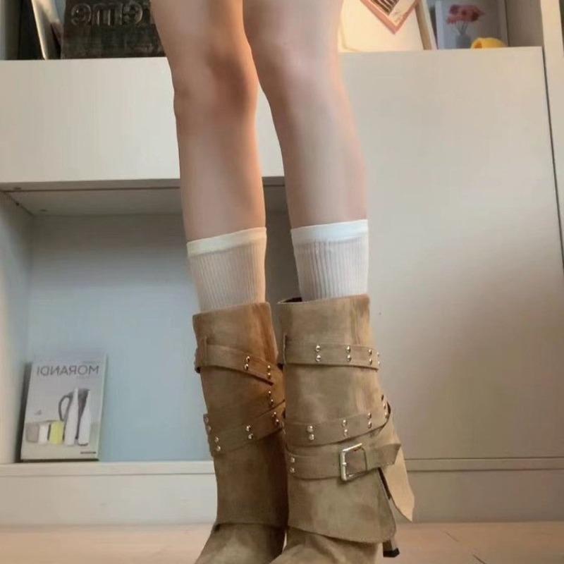 Temperament Spice Girls Niszowe Spodnie Buty Damska Klamra do Paska Nowe Buty na Wysokim Obcasie Szpiczaste Nity Krótkie Buty Obcisłe Pojedyncze Buty