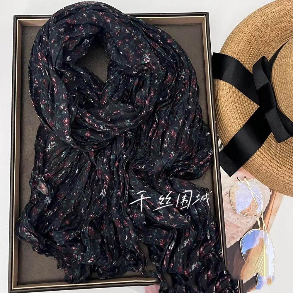 Floral Cotton and Linen Scarf New Korean Version Sunscreen Pleated Thin Retro Floral Printed Shawl Outer