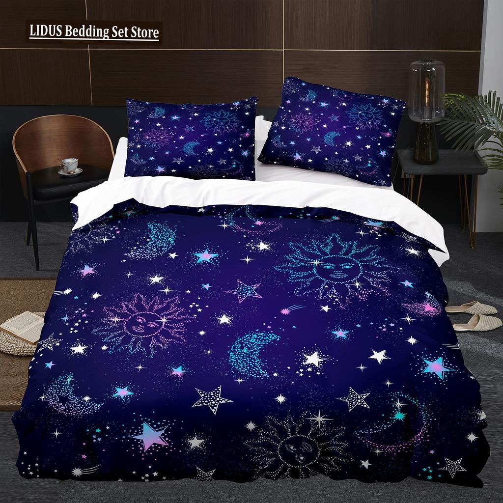 Antik Güneş Ay Nevresim Takımı King Queen Boyutu Mor Leylak Rengi Renkli Galaksi Psikedelik Boho Mandala Polyester Yatak Takımı