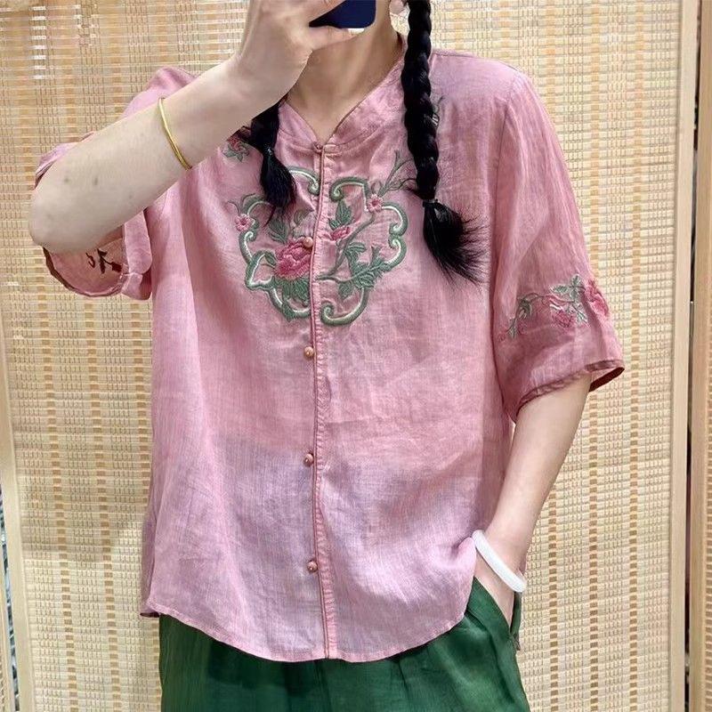 

Retro embroidered cotton and linen shirt short-sleeved women s summer new button-up top 3XL рожевий