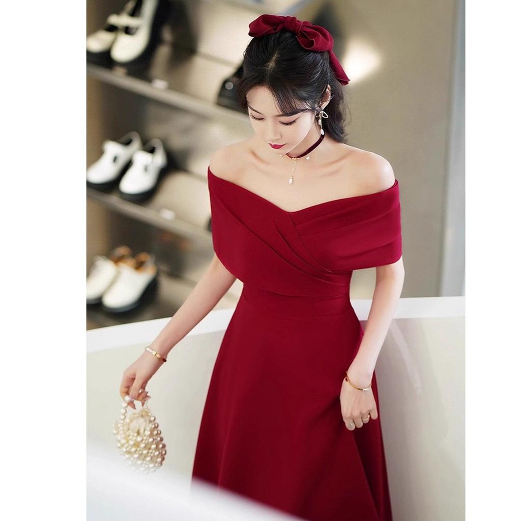 Atmospheric Red Shoulder Bride Wedding Toast Engagement Dress Back Door Small Man Belly Cover Dress Banquet