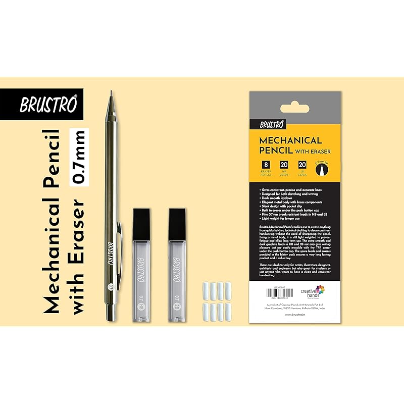 

BRUSTRO Mechanical Pencil with Eraser 0.7mm Writing/Sketching/Drawing Spare leads HB-20 units. 2B-20 units Spare eraser- 1 count (Pack of 1) зелёный