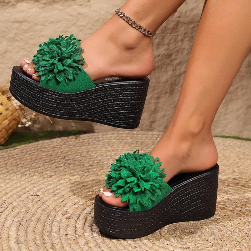New outerwear wedge heel thick-soled muffin slippers women's large size fashion flower slippers women