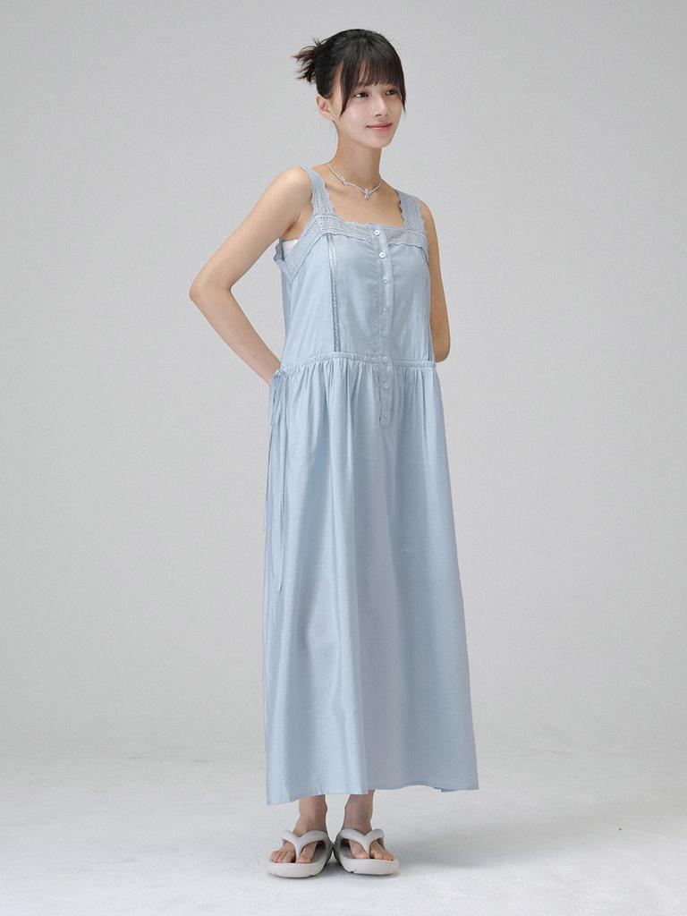 Mellotoli Lace Taping Long Dress (Light Blue)