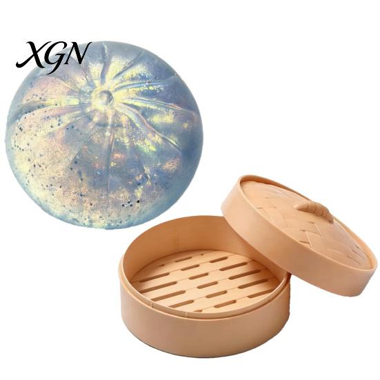 Stress Ball Fidget Toy Glitter Dumpling Squeeze with Steamer Box, Relief Dough TPR Toy, Soft Simulated Steamed Bun