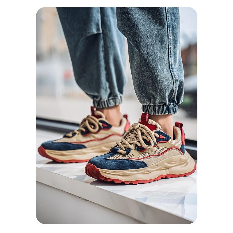 Men's Chunky Sole Sneakers Breathable Mesh Lace-Up Non-Slip Casual Platform Shoes