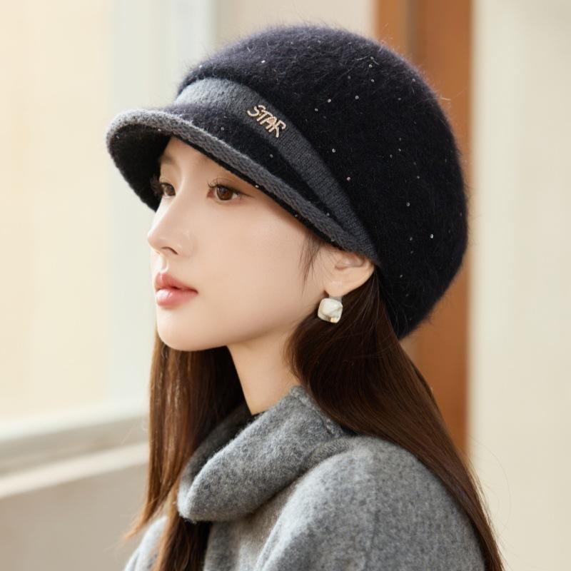 Autumn and Winter Women's Warm Rabbit Fur Knitted Hat Fashion Basin Hat Cold Protection Ear Hat