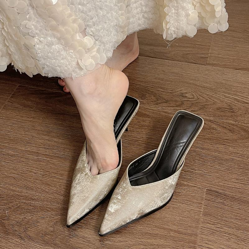 2025 spring new thin pointed head thin heel V mouth Muller high heel temperament bag head half slippers women's outer wear