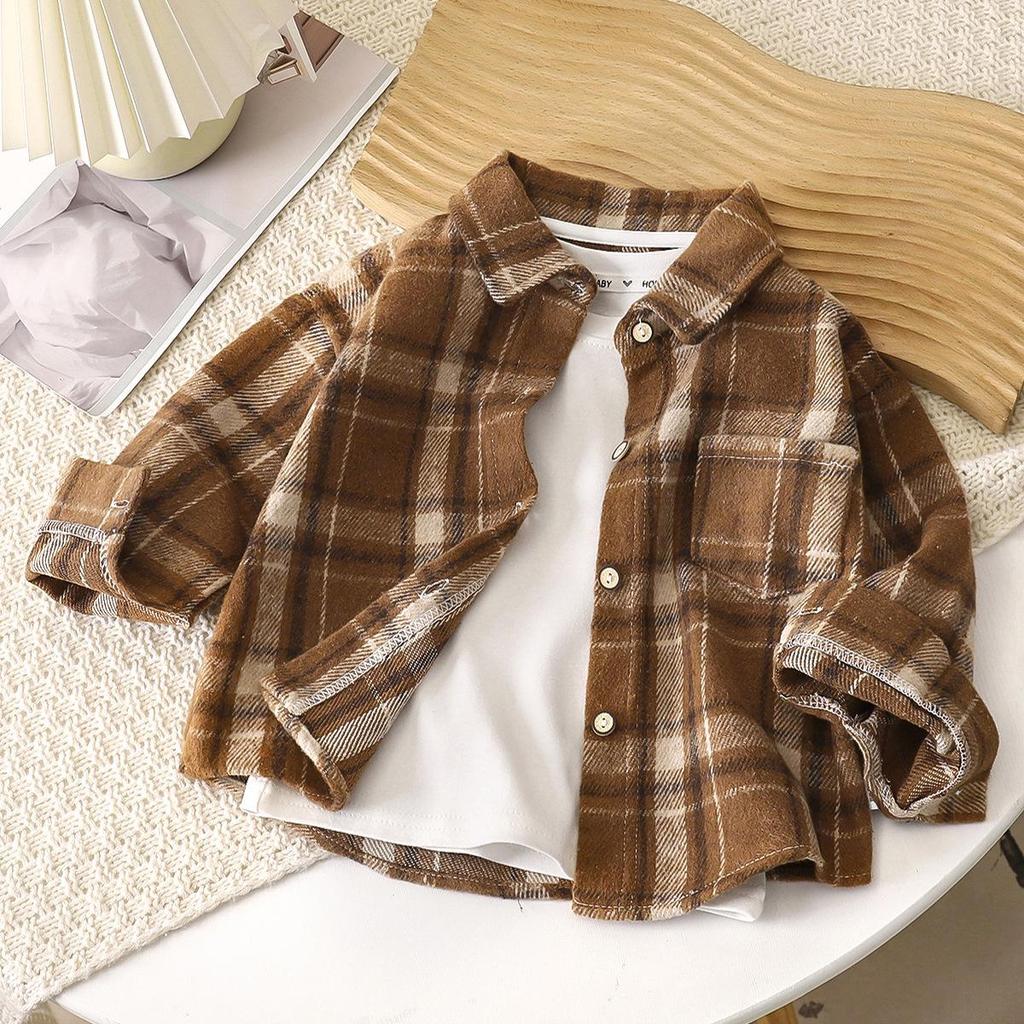 Unisex Retro Plaid Long Sleeve Shirt/Cardigan with Lapel for Kids