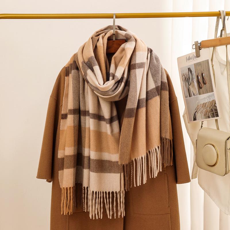 Autumn and winter new 100 wool scarf women's light luxury high-end plaid shawl versatile enlarged thickened warm scarf