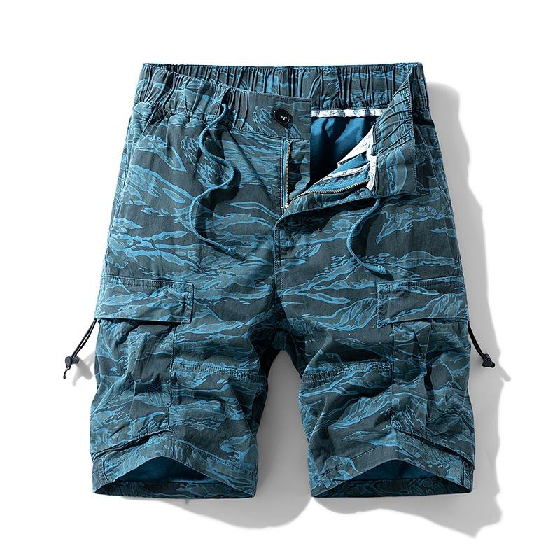 Mens Cotton Stretch Camouflage Cargo Shorts Elastic Waist with Drawstring Multi Pockets Knee Length Outdoor Casual Workwear Short Trousers