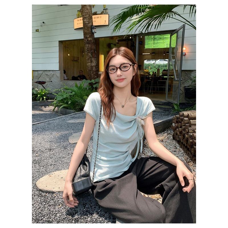 Swing Collar Slanted Shoulder Three-dimensional Bow Short-sleeved T-shirt Women's Summer Irregular Top