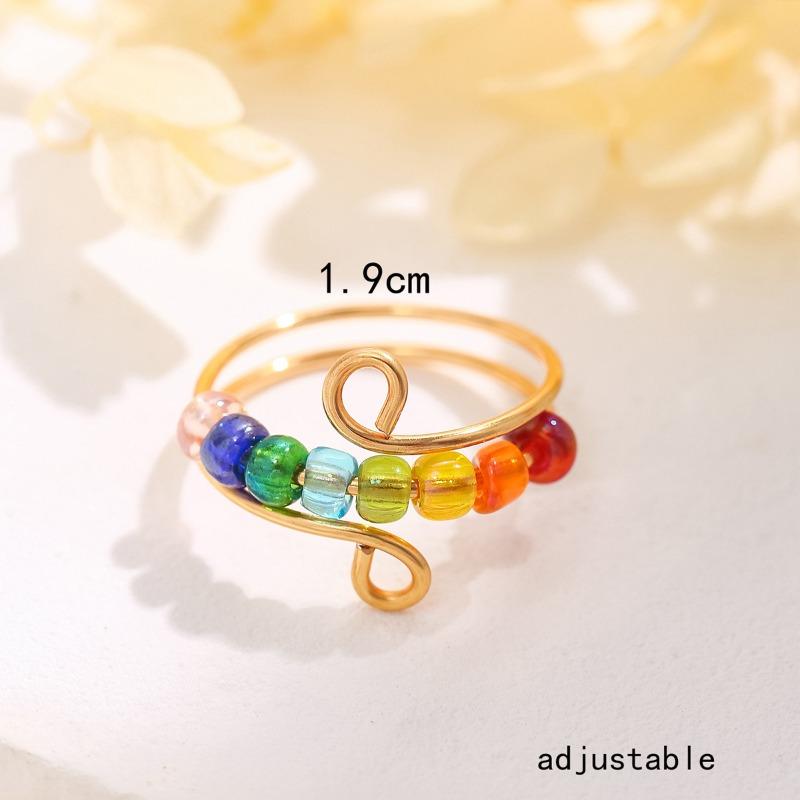 Cute Bohemian Rainbow Beads Relieve Anxiety Ring Rotate Anti Stress Fidget Spinner Rings For Women Men Fashion Jewelry Girl Gift