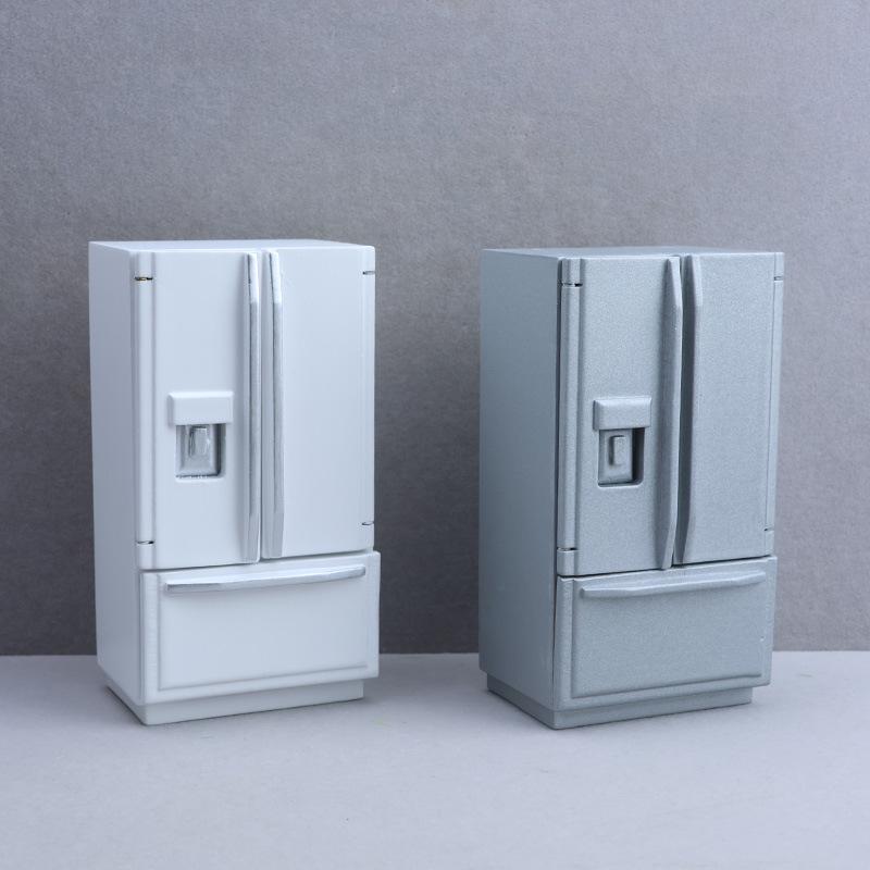 1:12 Mini Dollhouse Double Door Refrigerator Model in White/Silver/Gray