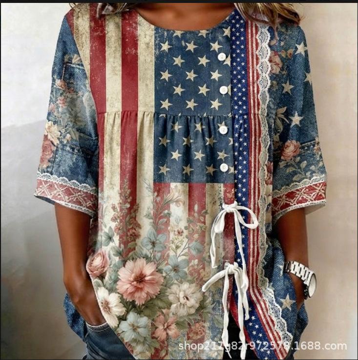 European and American summer new women's tops, shirts, geometric printing buttons, drawstrings, half-sleeved tops, T-shirts, women's clothing