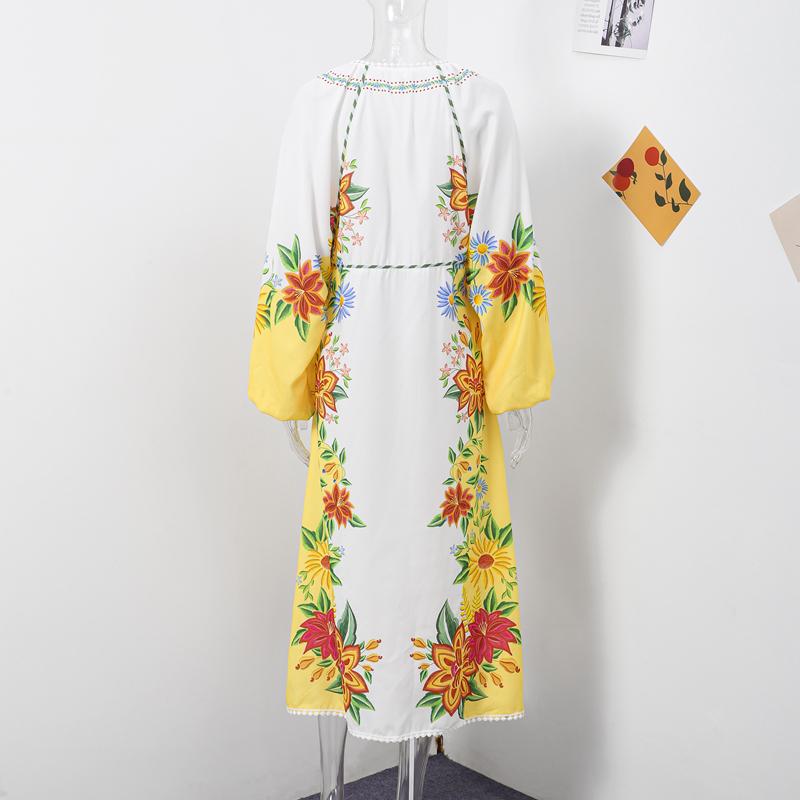 Print Linen Dress Plus Size Women Elegant Loose Lace Up V Neck Vintage Oil Painting Dress Summer Long Sleeves New Fashion High Waist Pastoral Style