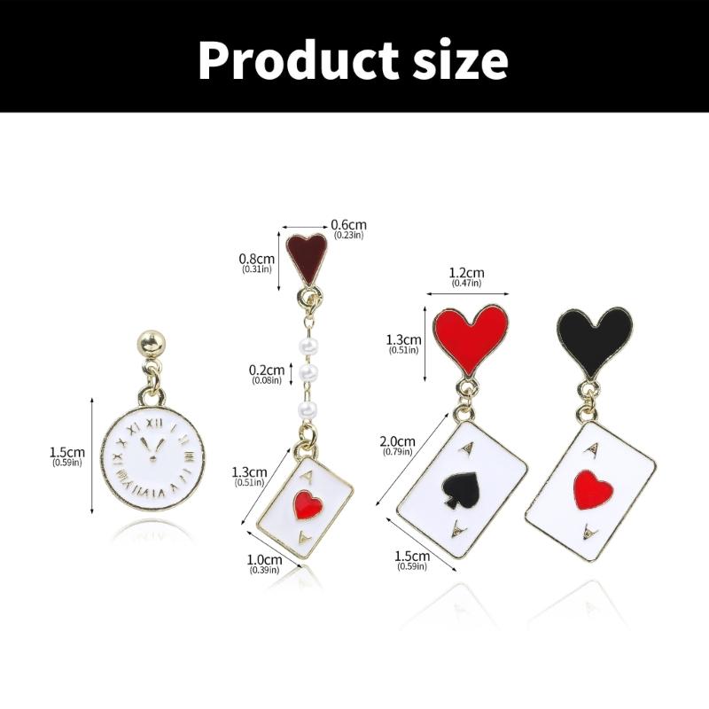 2 Pairs Trendy Clock Poker Card Drop Earrings Asymmetric Ear Accessories Stylish Earwear for Festivals and Gatherings