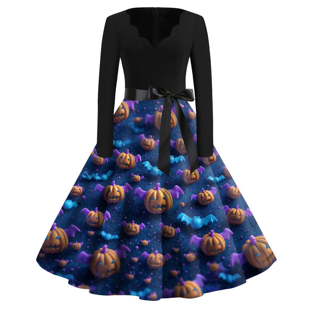Women's Casual Fashion Halloween Printed V-Neck Vintage Dress