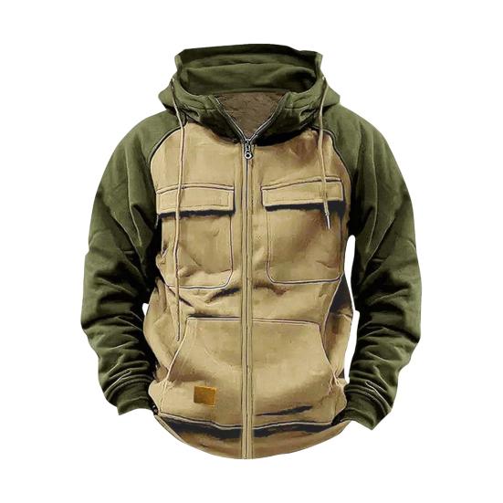 Fall Winter Men Hoodie Zipper Closure Elastic Cuff Retro Multi Pockets Cargo Style Warm Cardigan Coat Mid Length Hip Hop Contrast Color Top
