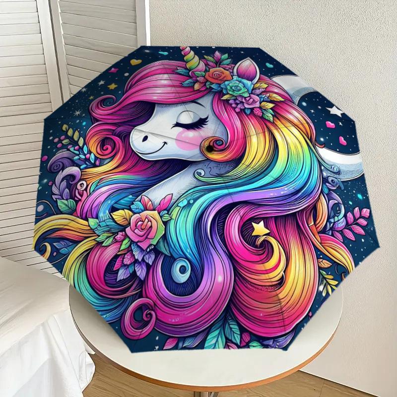 1pc Rainbow Unicorn Fantasy Umbrella with Plastic Handle,Suitable for All Seasons Home Travel Outdoor UmbrellaDD774
