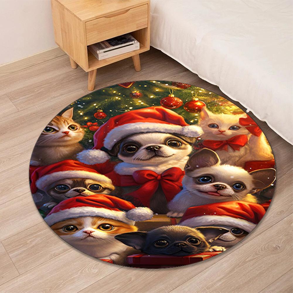 Christmas Dog Printed Round Rug Carpet Chair Rug Area Rug Entryway Doormats,for Office Chair Living Room Bedroom Kitchen Room.