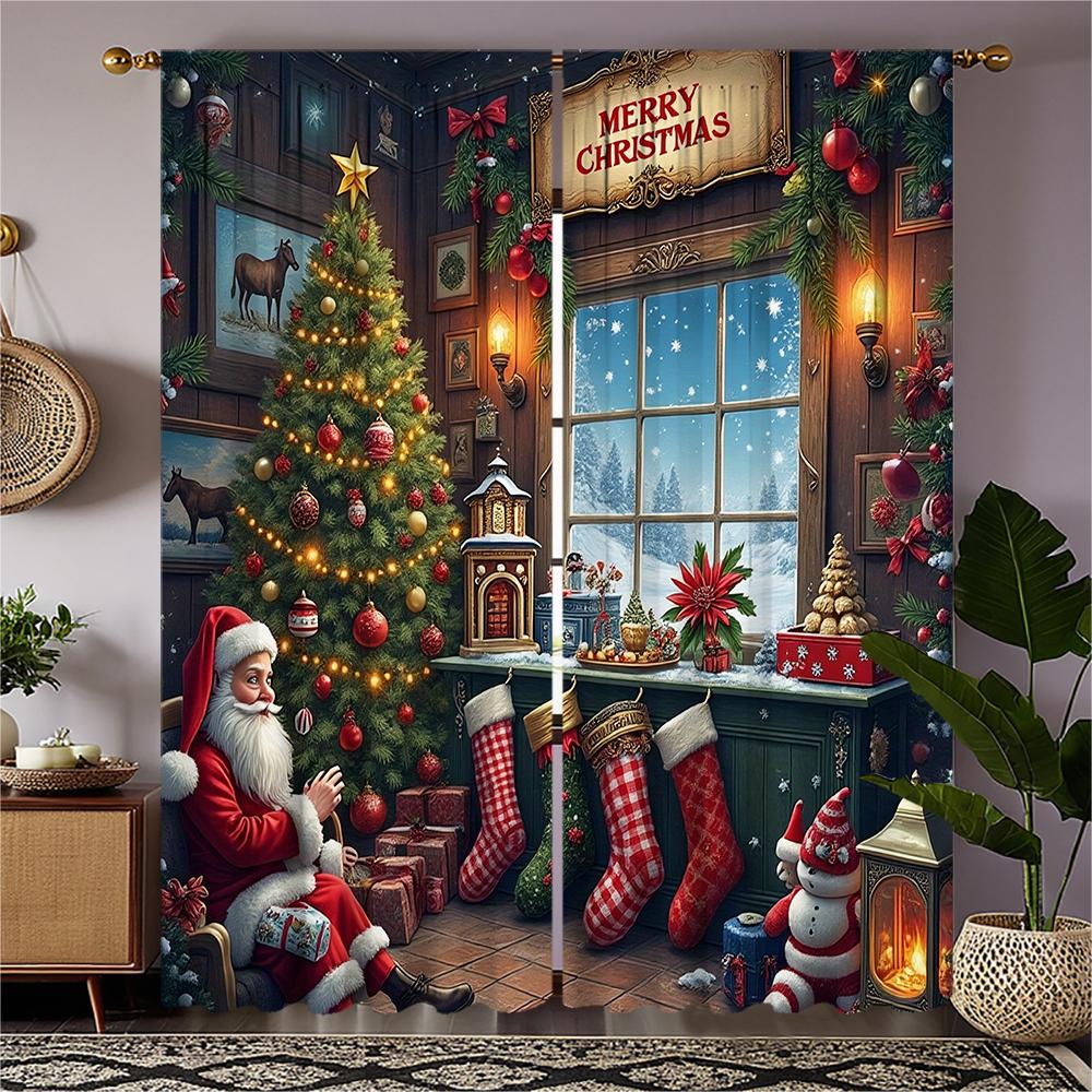 

Piece Set High Definition Digital Printed Curtainchristmas Scene Santa Claus Red Green Plaid Socks Festive Decorationshome Curtains Made Of Polyester W100*H70(CM)-Hooks&1PCS