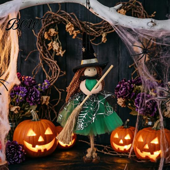 Halloween Spooky Decor Witch Doll with Broom, Small Hanging Figurine Themed Gauze Skirt for Haunted House, Door Window Party Decoration