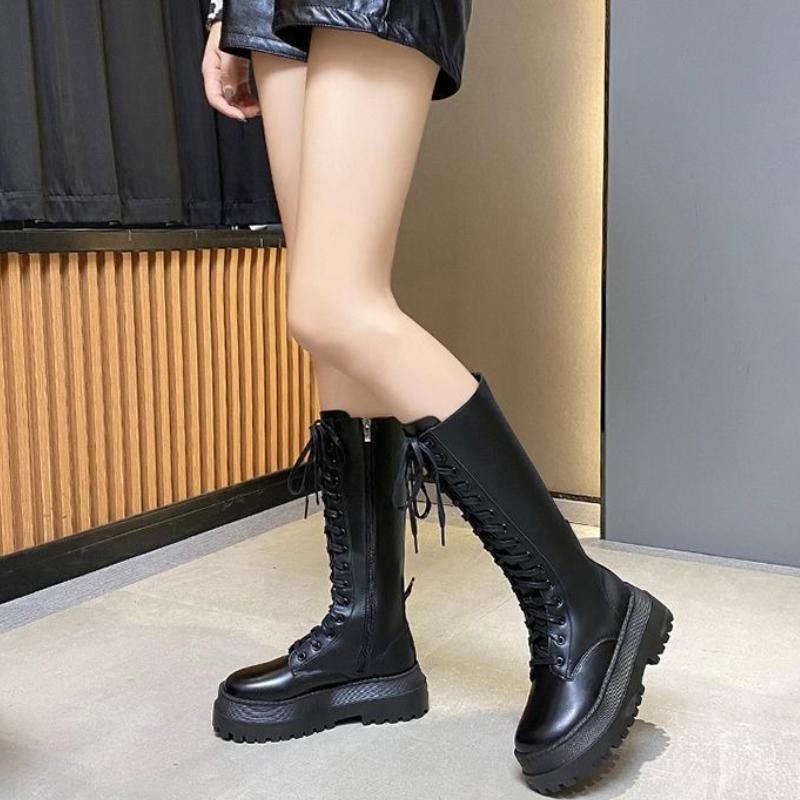Platform Round Toe Lace-up Half High Boots for Women Autumn Winter Large Size Leather Mid Calf Shoes Woman Gothic Hot Footwear