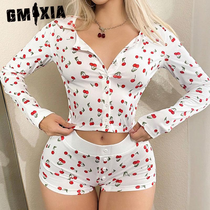 GMXIA Women's Homewear Sexy Casual Fashion Cardigan Button Long Sleeve Shorts Two-piece Pajamas