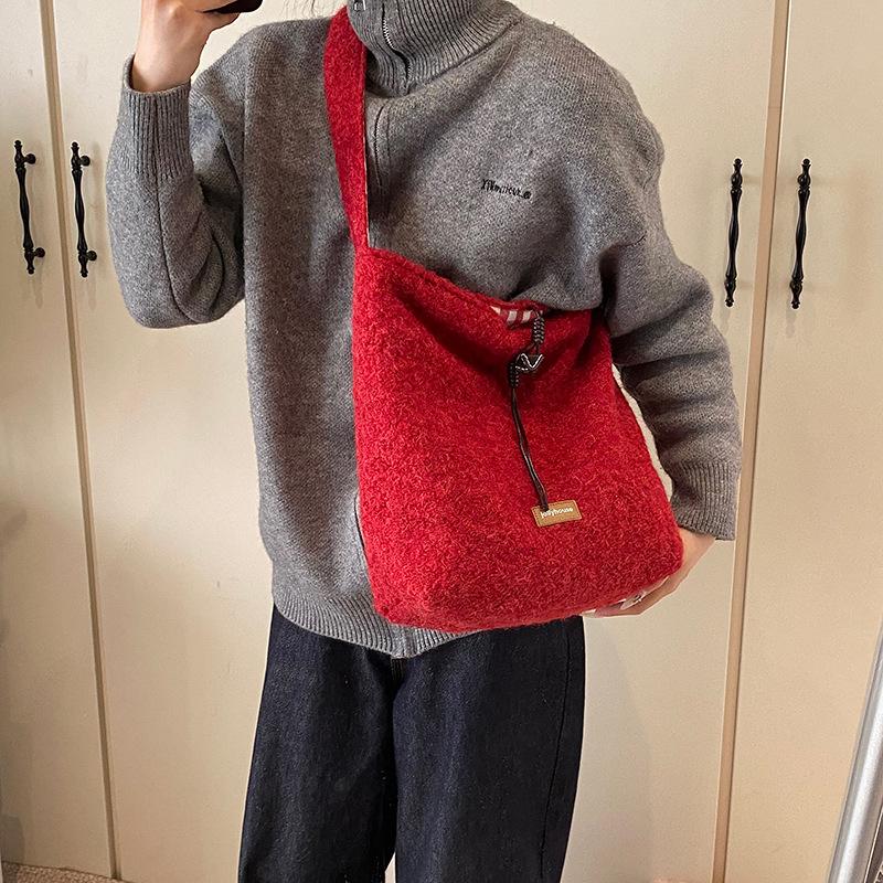 Ankola Red Wool Bag Autumn and Winter New Soft Waxy Plush Bucket Bag Shoulder Messenger Bag Large Capacity Double-sided Cloth Bag