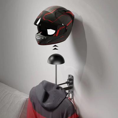 Wall-Mounted Motorcycle Helmet Storage Holder with Coat Rack 180-Degree Rotation Strong Load-bearing Easy Installation Metal Helmet Holder