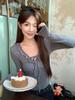 Chic Women's Winter Slim Fit V-Neck Gray Lace Trim T-Shirt