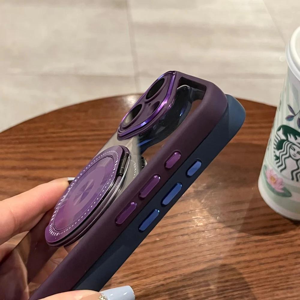 Luxury Magnetic 360 Rotate Bracket Phone Case for iPhone 16 15 14 13 Pro Max Transparent Acrylic TPU Cover